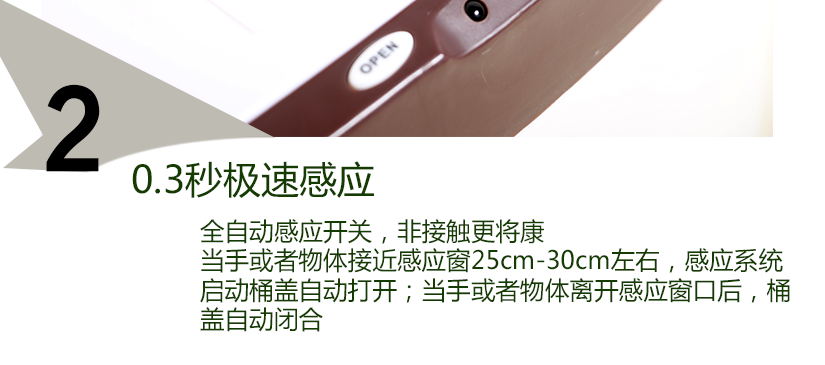 智能感應(yīng)，感應(yīng)速度快，當(dāng)手接近感應(yīng)窗25-30cm，桶蓋會(huì)緩緩打開